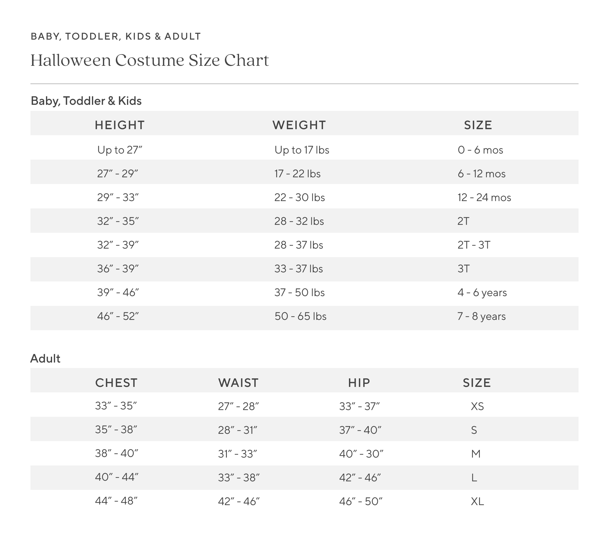 Kid & Baby Costume Size Chart