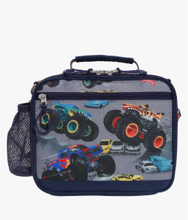 Front-facing image of Mackenzie Adaptive Lunch Box in Monster Trucks print.