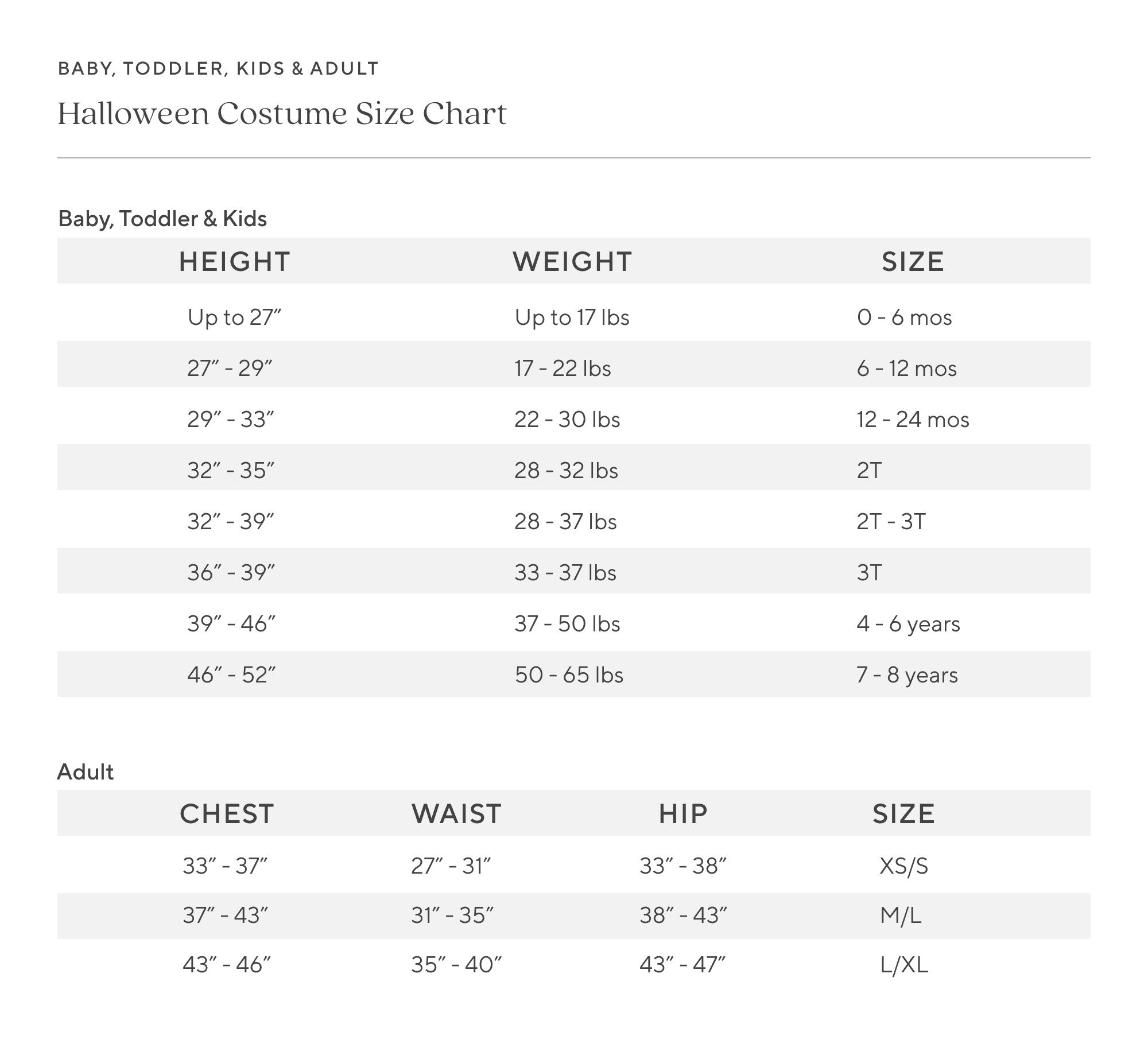 Kid & Baby Costume Size Chart