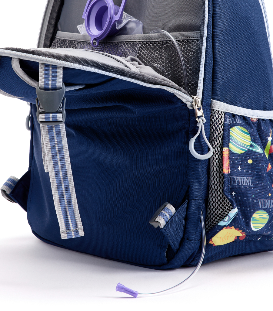 Image shows close up of the Pottery Barn Kids Mackenzie Adaptive Backpack access ports.
