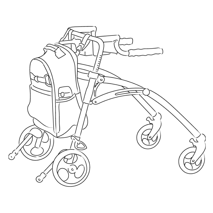 Depicts how the same Pottery Barn Kids Mackenzie Adaptive Backpack can be attached to all the most common children's assistive devices; in this case, a walker.