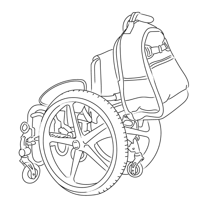 Depicts how the same Pottery Barn Kids Mackenzie Adaptive Backpack can be attached to all the most common children's assistive devices; in this case, a wheelchair