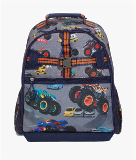 Front-facing image of Mackenzie Adaptive Backpack in Monster Trucks print.