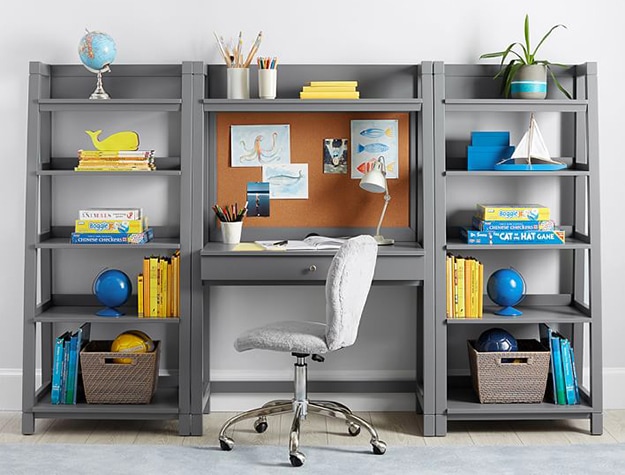 Gray desk with attached gray shelving