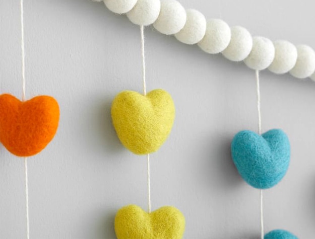 Close up of felted heart garland