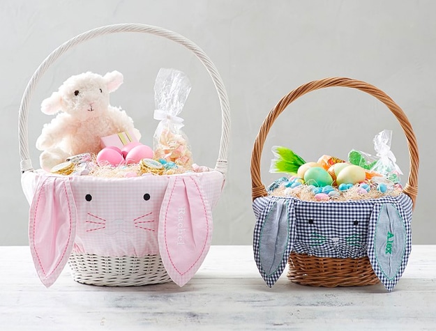 Pink and blue bunny gingham easter baskets with toys