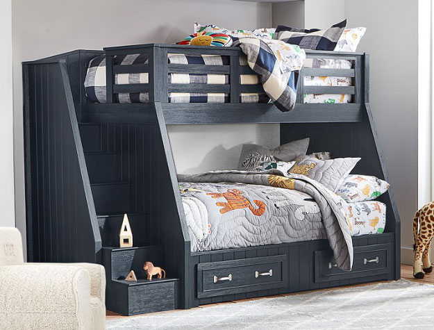 Navy bunk bed with gingham sheets