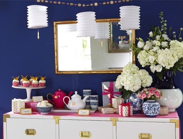 Tea set and presents on dresser