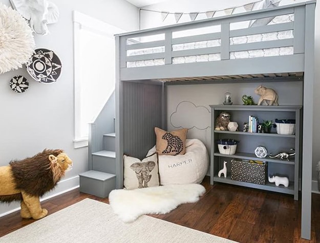 Lofted bunk bed with bookcase