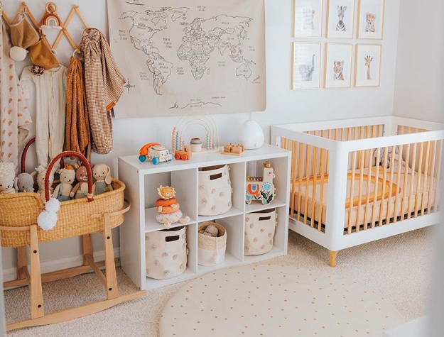 Rustic nursery with cubby storage and crib