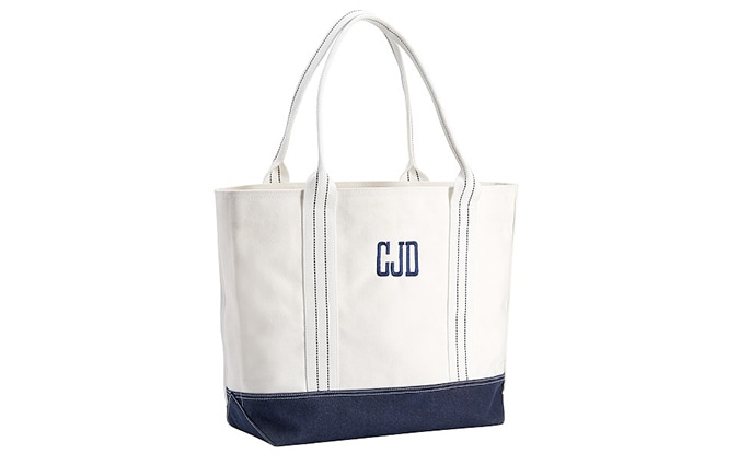 White and navy beach tote