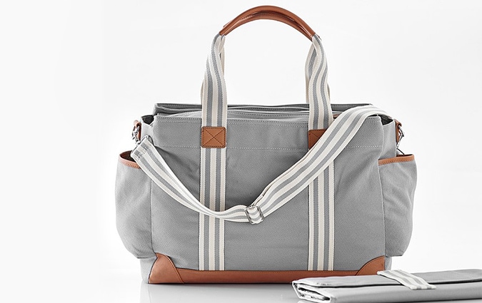 Grey, white and brown diaper bag