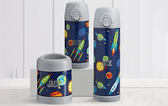 Small, medium and large space-themed water bottles