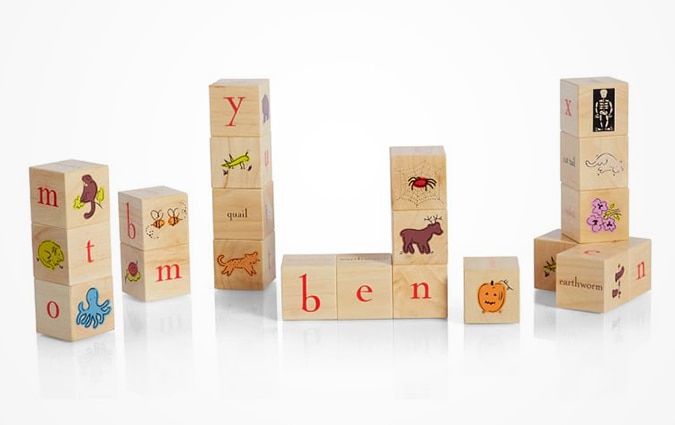 Wooden alphabet and animal blocks on white background