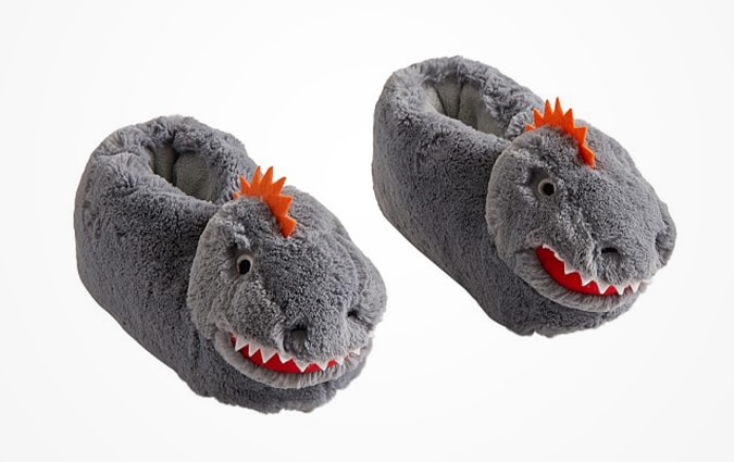 Gray dinosaur slippers with red spike hair
