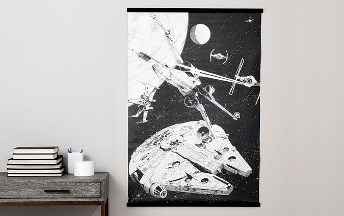 Black and white Star Wars hanging wall mural and desk