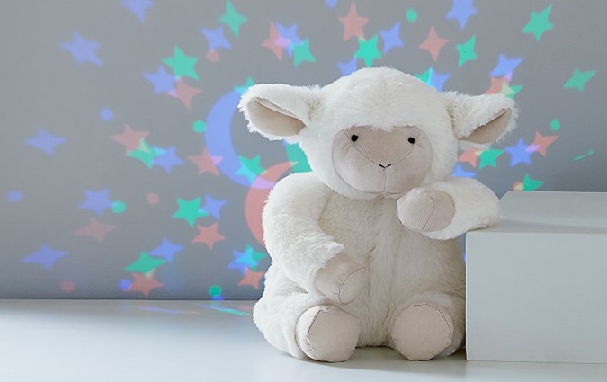 Lamb night light with stars and moon light pattern on wall