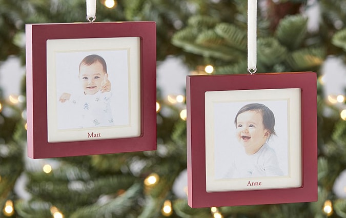 Red square frame ornaments with baby photos
