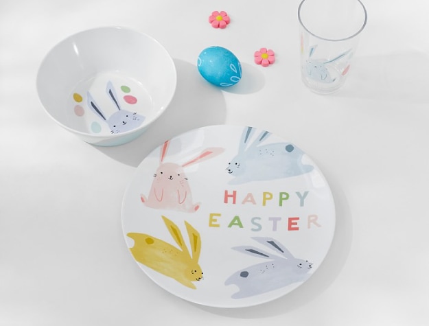 Easter bunny-themed tabletop set with plate, bowl and cup