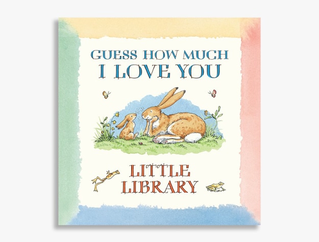 children’s book titled “Guess How Much I Love You” decorated with bunnies and other animals