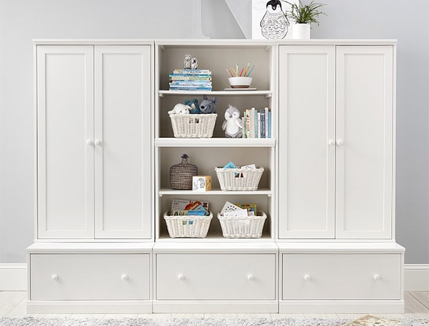 White Cameron Wall 3 x 3 Drawer Base Set with open and closed components.
