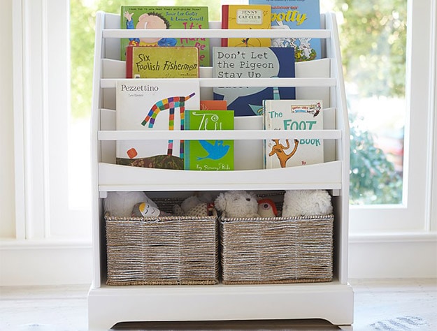 White Madison Standalone Bookrack with books and storage baskets.
