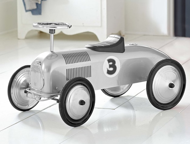 Silver Racecar Ride-on with number 3 on the side.
