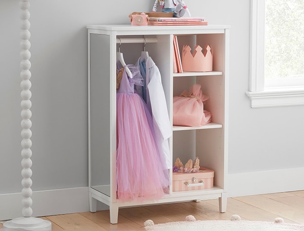 White dress-up tower with princess dress and crown.