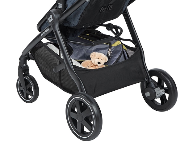 Stroller wheels and storage compartment on the Maxi-Cosi® Zelia 2 Max Infant Travel System. 