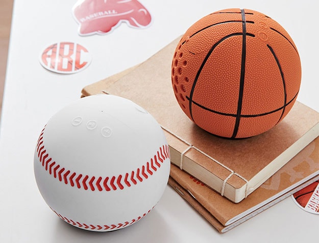 Basketball and baseball-shaped mini speakers.