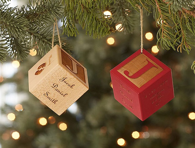 Personalized red and brown wooden block ornaments.
