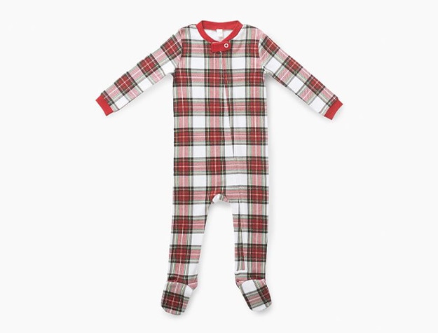 Pair of red, white and green plaid pajamas for children.