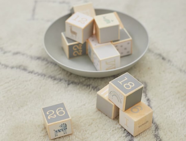 educational blocks covered in numbers, letters, words and pictures in a tray and on the floor