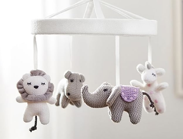 Knit animal friends crib mobile.