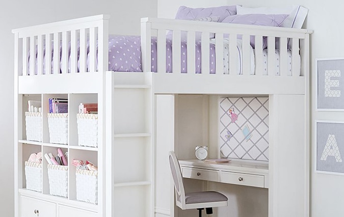 White loft bed with desk underneath