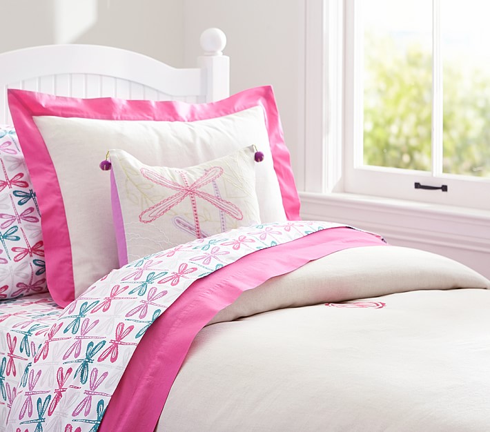 Bright Pink Border Linen Kids' Duvet Cover Pottery Barn Kids