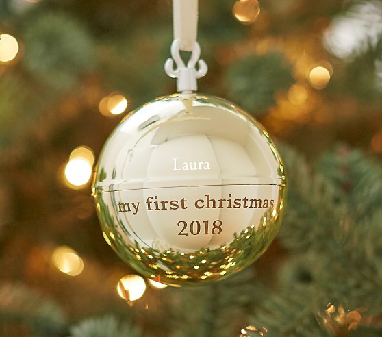 silver baby's first christmas ornament personalized