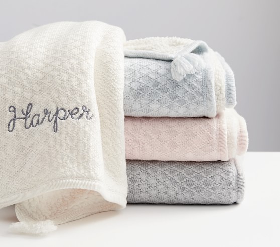 NAME EMBROIDERED pom pom/sherpa reverse CABLE KNIT PERSONALISED BABY BLANKET 
