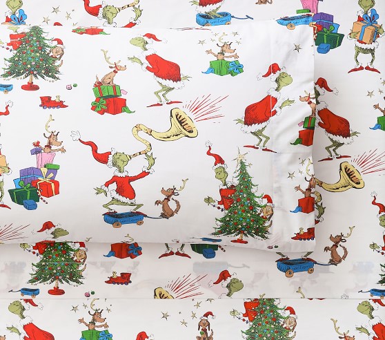 Pottery Barn Kids Dr Seuss's Grinch & Max Flannel Twin Sheet Set New In plastic 
