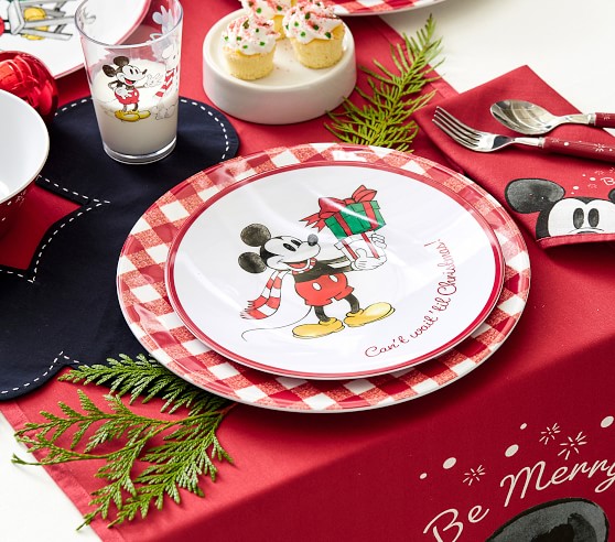 Pottery Barn SET 2 BIG Mickey Mouse charger Plate Christmas holiday plaid Disney 
