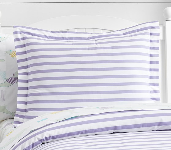 NEW Pottery Barn Kids Breton Stripe Sham Pillow Case Cover Standard Purple White 