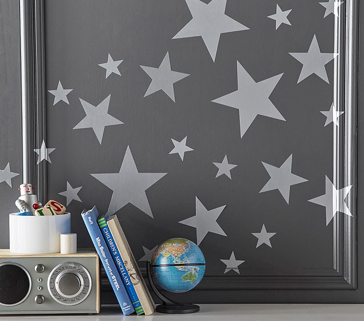Pottery Barn Kids room Star Wall Art Decals Stickers Shimmery Silver 27 PIECES 