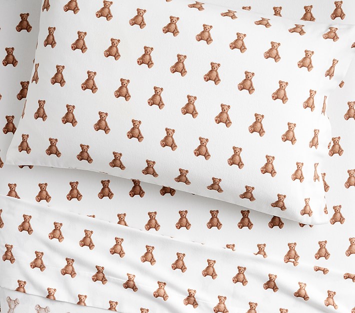 New  Pottery barn kids Organic Flannel Teddy Bear Full sheet set brown 