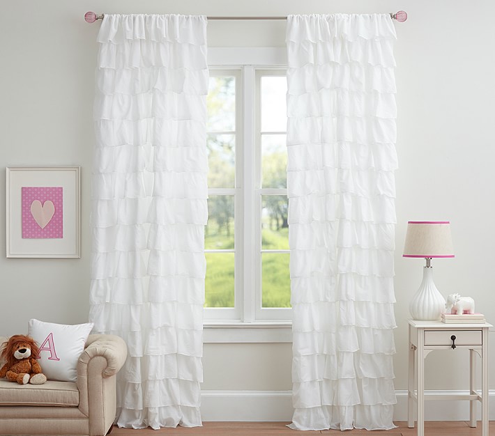 POTTERY BARN KIDS Semi-Sheer RUFFLED DOTTIE RIBBON Tie Drape Panels 84" Long 