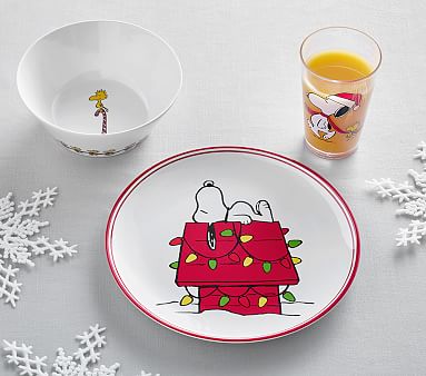 Pottery Barn Kids Peanuts Snoopy Plate Tumbler Cup Thanksgiving Set 2 Dancing 