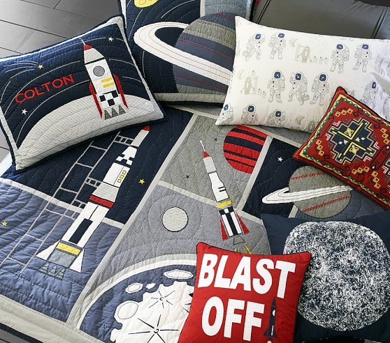 NEW Pottery Barn Kids Colton Astronaut Twin Quilt & Euro Sham Outer Space Rocket 