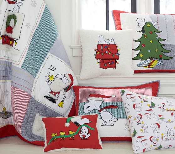 Pottery Barn Kids Peanuts Holiday Twin Quilt Sheet Set Euro Sham Snoopy Pillow 