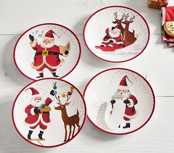 Pottery Barn Kids Santa Plates Tumbler Utensil Set 12 Christmas Plaid Jolly Cups 