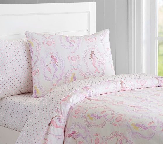 Pottery Barn Kids Bailey Mermaid Twin Duvet Cover Coral Pink NEW 