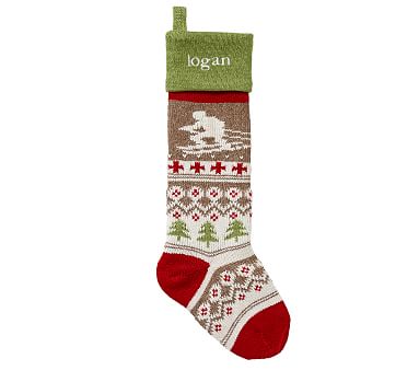 Details about   Pottery Barn kids knit stocking Fair Isle Natural Snowman Face gray and red New 